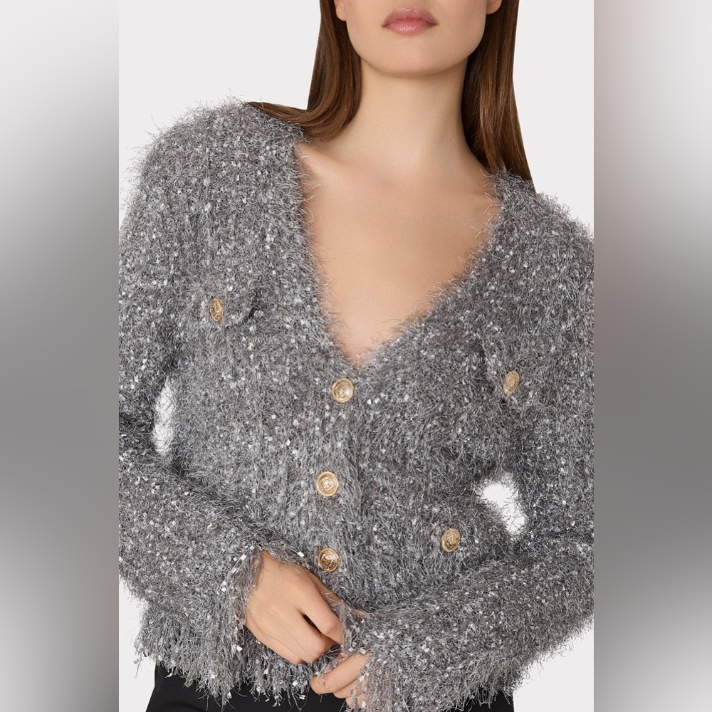 NWT Milly Textured Fringe Cardigan size Large silver/grey
